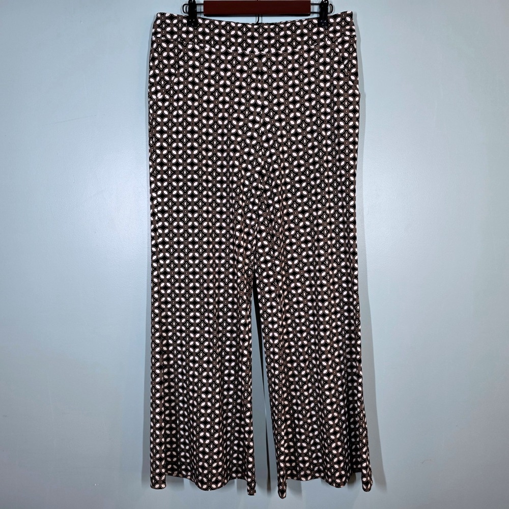 Joseph Ribkoff Wide Leg Pants 12 Black Tan Geometric Floral Print Pockets 171752